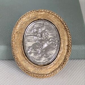 Pegasus Vintage Gold and Silver Tone Oval Brooch Mythical Horse Pin Jewelry